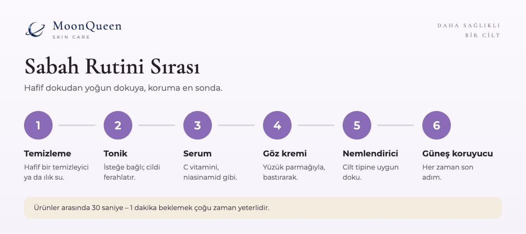 Sabah cilt bakım rutini sırası: temizleme, tonik, serum, göz kremi, nemlendirici, güneş koruyucu