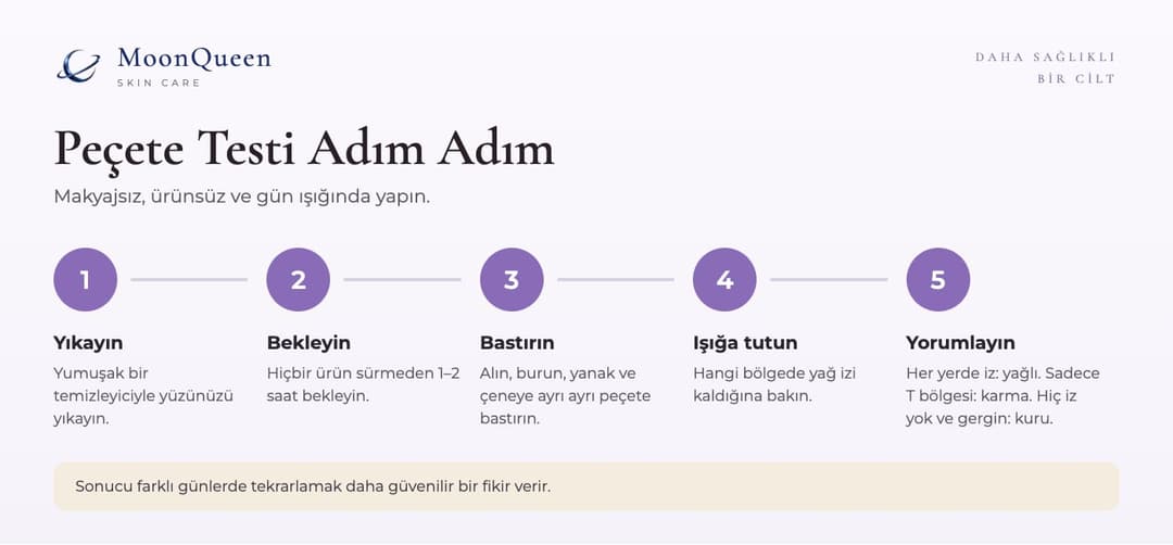 Peçete testi adım adım: yüzü yıka, bekle, peçeteyi bastır, ışığa tut, sonucu yorumla