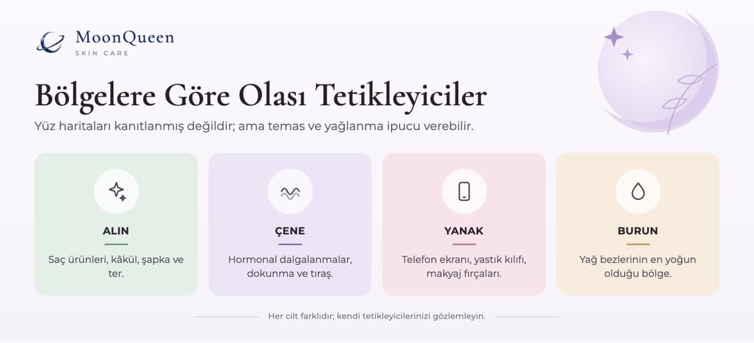 Yüzdeki bölgelere göre sivilceyi tetikleyebilecek etkenler: alın, çene, yanak ve burun