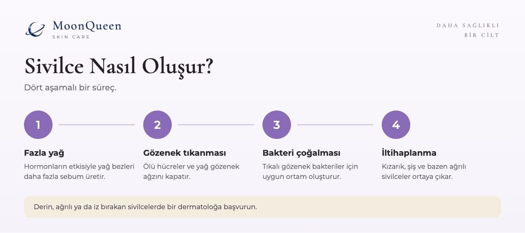 Sivilce nasıl oluşur: fazla yağ üretimi, gözenek tıkanması, bakteri çoğalması ve iltihaplanma